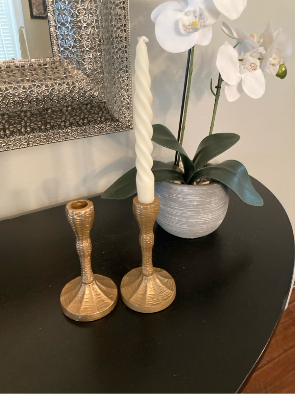 By Heart By Hand  Mela Artisans Set of Two Brushed Gold Taper Candle Holders
